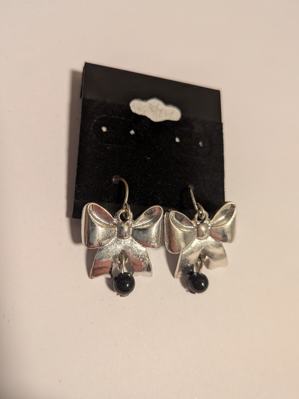 Silver Bow Drop Earrings with Black Bead